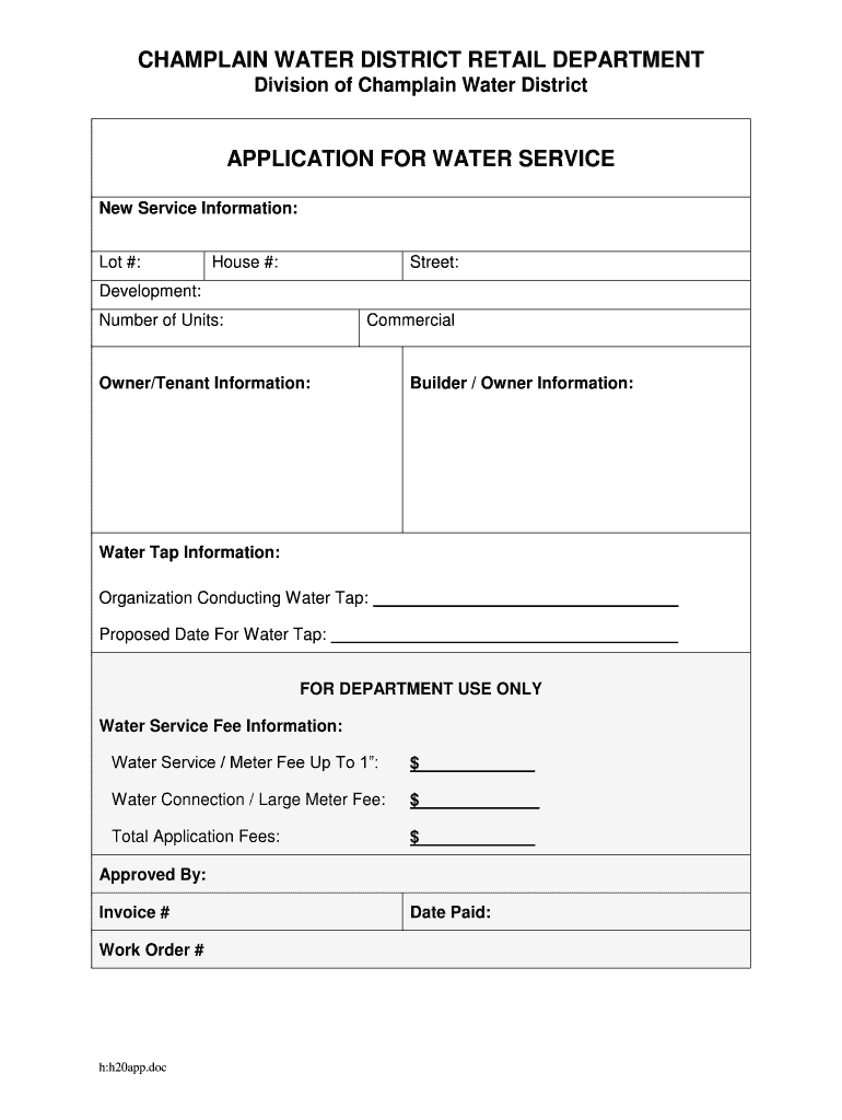 Fillable Online champlainwater Application for water service