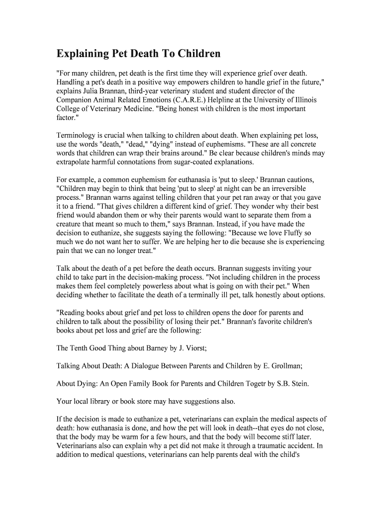 Fillable Online Explaining Pet Death To Children Fax Email Print