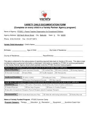 Parent teacher conference form high school - VARIETY CHILD DOCUMENTATION FORM Complete on - PTOEC - ptoec