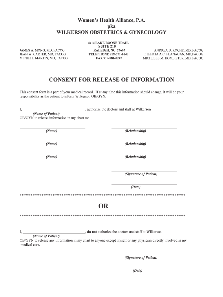Fillable Online Wilkerson OB-GYN - Consent For Information Release Form ...