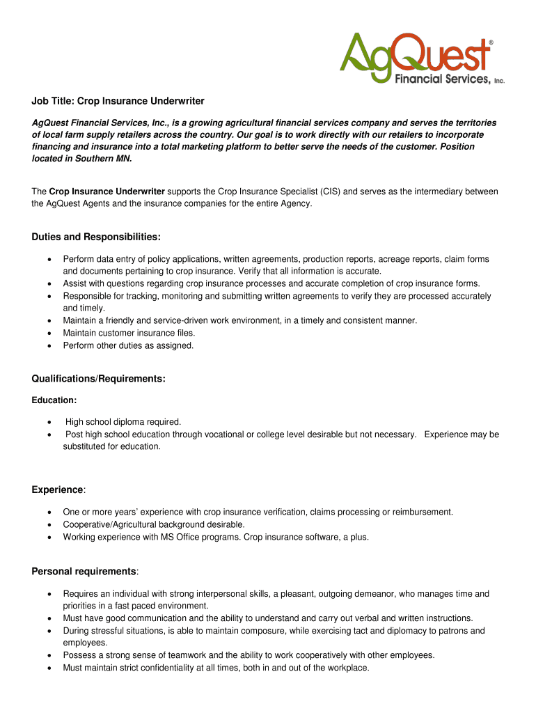 Fillable Online Job Title Crop Insurance Underwriter Fax Email Print