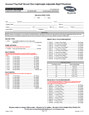Invacare Top End Reveal Wheelchair Order Form