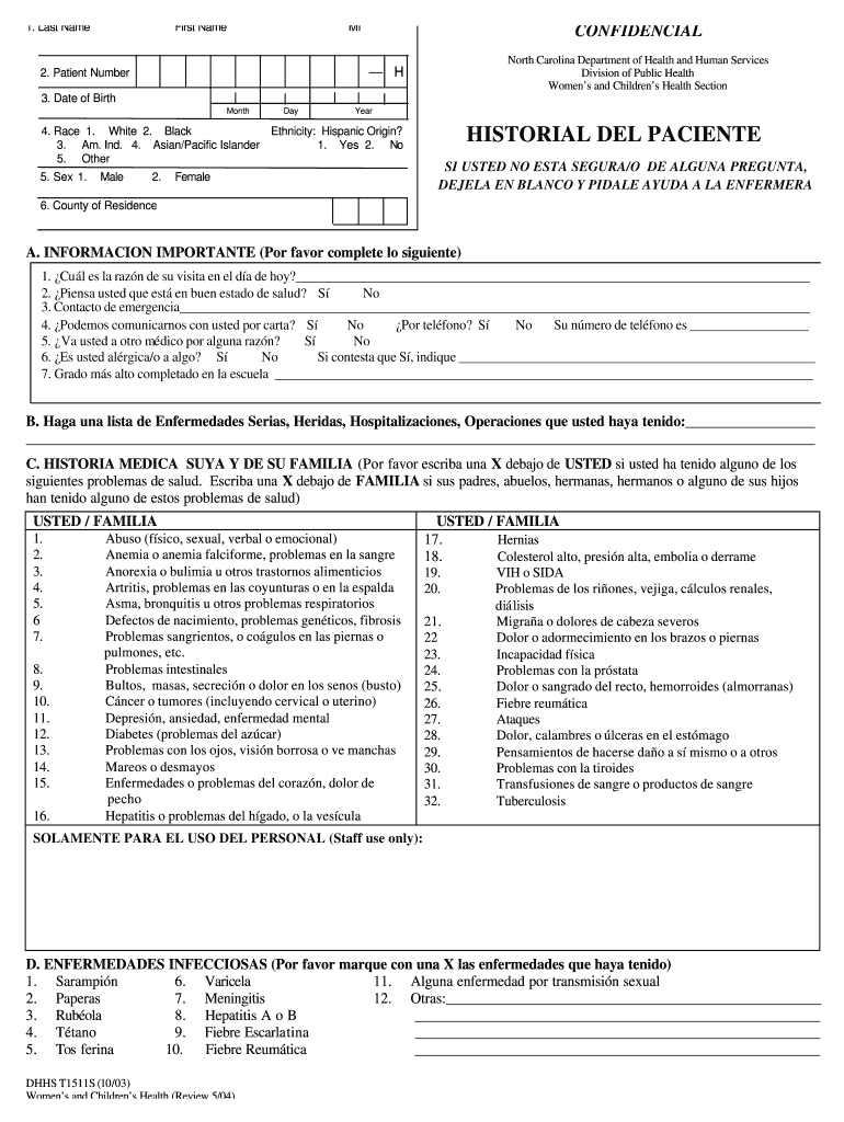 Fillable Online Patient Self History form Spanish Version Women's