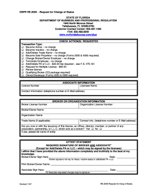 Florida DBPR RE-2050 Request for Change of Status