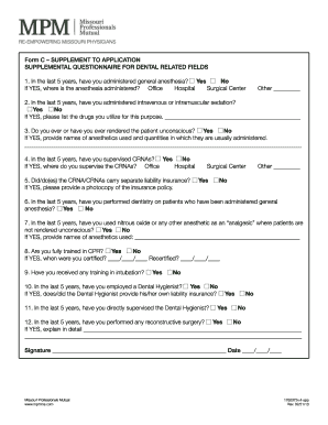 Supplemental Questionnaire for Dental Anesthesia