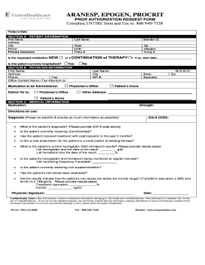 ARANESP EPOGEN PROCRIT Prior Authorization Request Form
