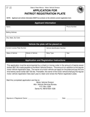 New Mexico Patriot Registration Plate Application