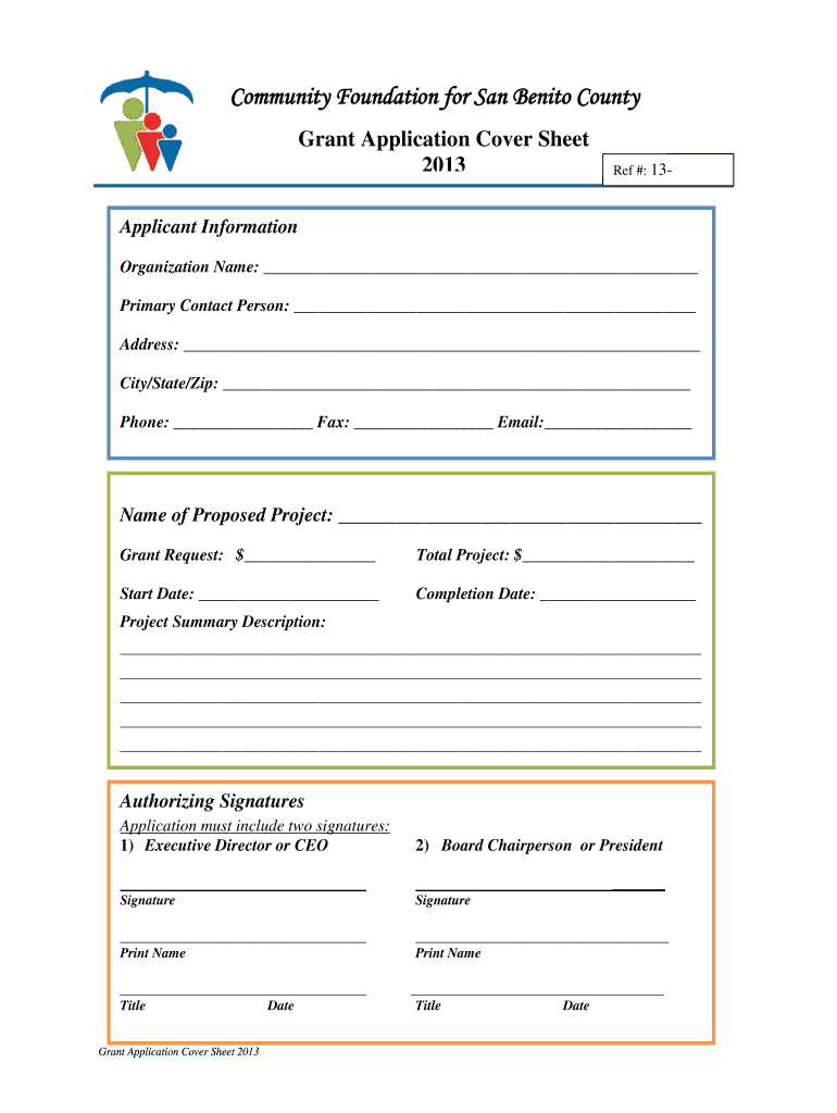 Fillable Online 2013 Grant Application Cover Sheet Community