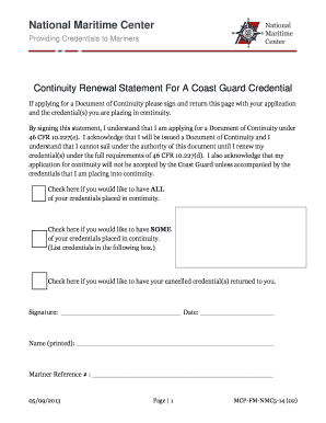 Coast Guard Credential Continuity Renewal Statement