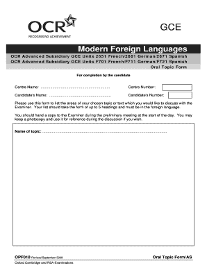 OCR Advanced Subsidiary GCE Oral Topic Form