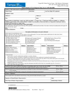 HCA Shared Service Center Release of Information Form