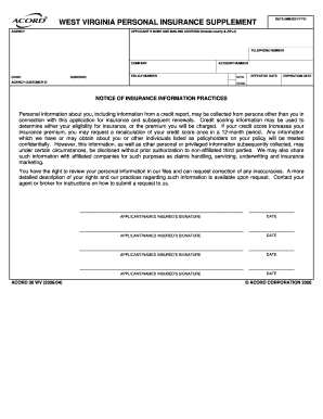 West Virginia Personal Insurance Supplement