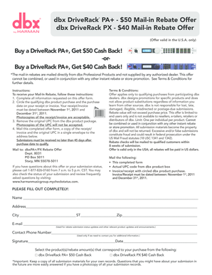 dbx DriveRack Mail-in Rebate Form