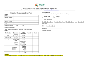 Hockey Australia Coaching Merchandise Order Form