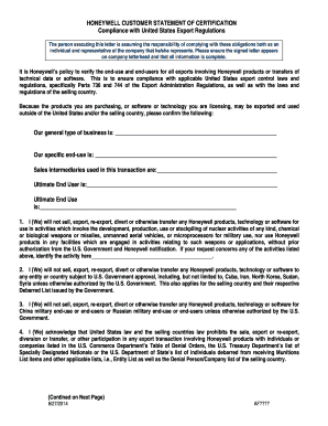 Honeywell Customer Statement of Certification