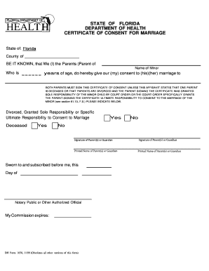 Florida Certificate of Consent for Marriage