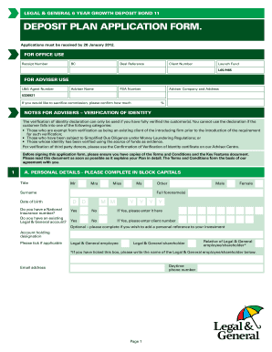 Legal & General 6 Year Growth Deposit Bond 11 Application Form