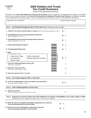 North Carolina D-407TC Tax Credit Summary