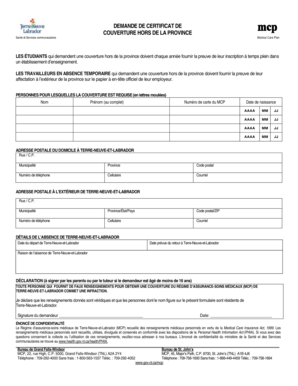 Demande de certificat de couverture hors de la province