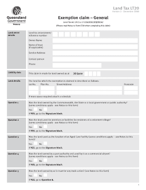 Queensland Land Tax Exemption Claim LT20