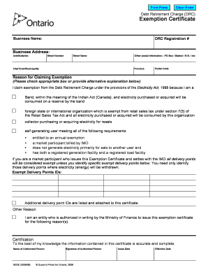 Ontario Debt Retirement Charge Exemption Certificate