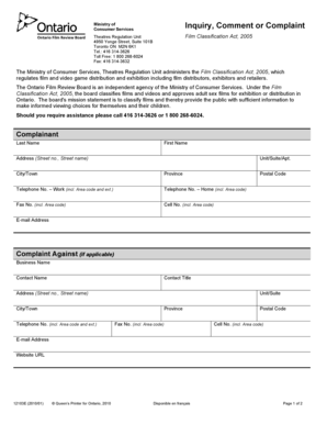 Ontario Film Classification Complaint Form