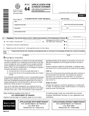 NYC Application for Automatic Extension Finance Unincorporated Business Tax