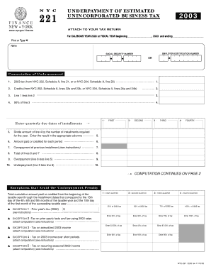 NYC Unincorporated Business Tax Underpayment Form 2003
