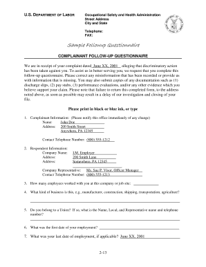 OSHA Complainant Follow-Up Questionnaire