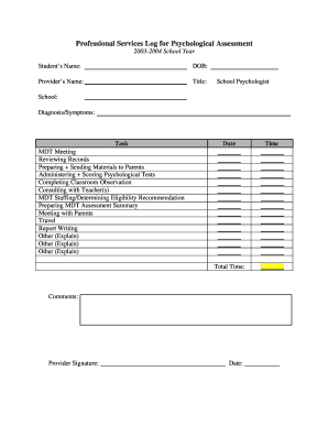 Professional Services Log for Psychological Assessment