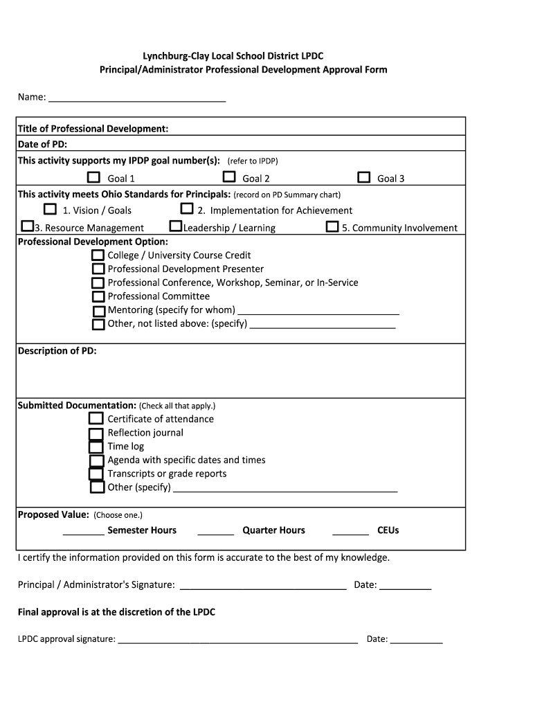 Fillable Online lynchclay k12 oh Professional Development Form