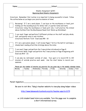Beginning Band Weekly Assignment Form
