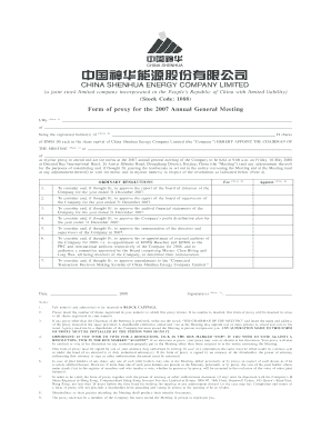 China Shenhua Energy Proxy Form 2007