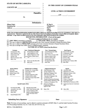 South Carolina Civil Action Coversheet