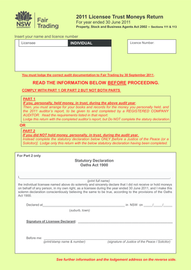 2011 Licensee Trust Moneys Return