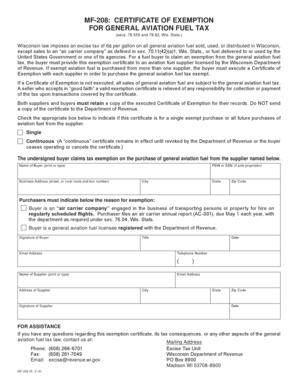 Wisconsin General Aviation Fuel Tax Exemption Certificate