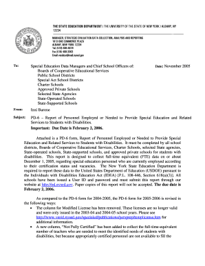 PD-6 Report of Personnel Employed or Needed for Special Education