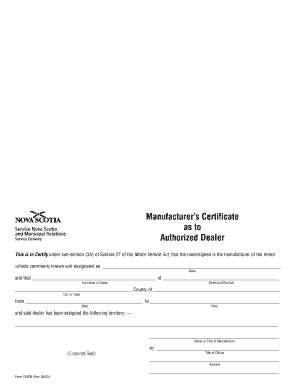 Manufacturer's Certificate for Authorized Dealer