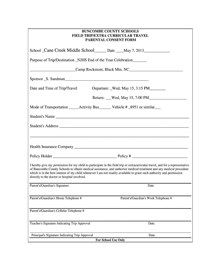 buncombe county field trip form parental consent Preview on Page 1.
