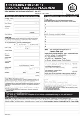 Year 11 Secondary College Placement Application