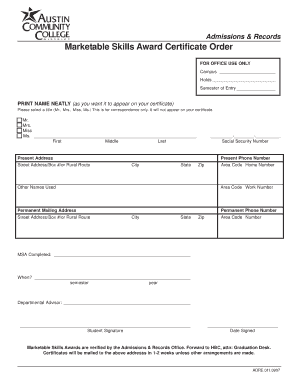 Marketable Skills Award Certificate Order