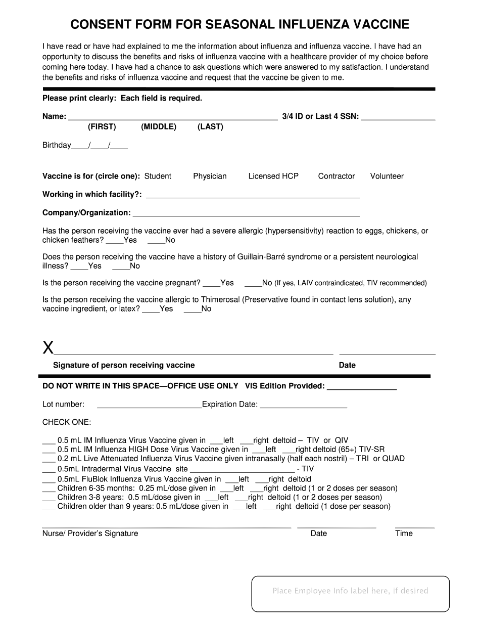 Printable Flu Vaccine Consent Form