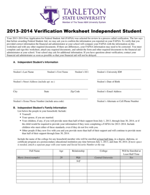 2013–2014 Verification Worksheet Independent Student