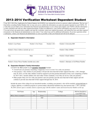 2013–2014 Verification Worksheet Dependent Student