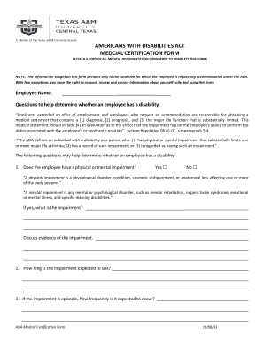 Americans with Disabilities Act Medical Certification Form