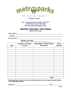 Monthly Volunteer Time Sheet - MetroParks of Butler County - butlercountymetroparks