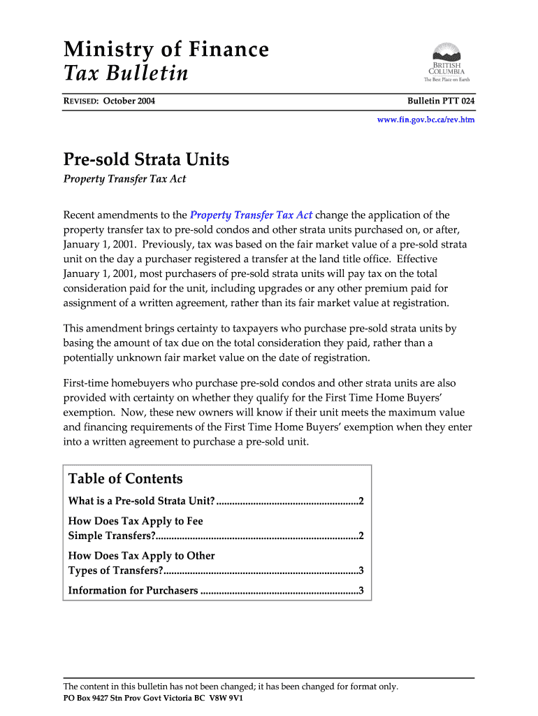 Fillable Online sbr gov bc Bulletin PTT 024 Presold Strata Units