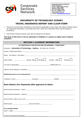 University of Technology Sydney Travel Insurance Claim Form