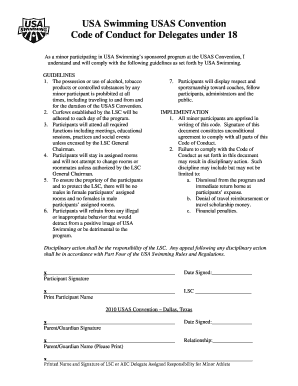 USA Swimming Minor Delegate Code of Conduct and Waiver