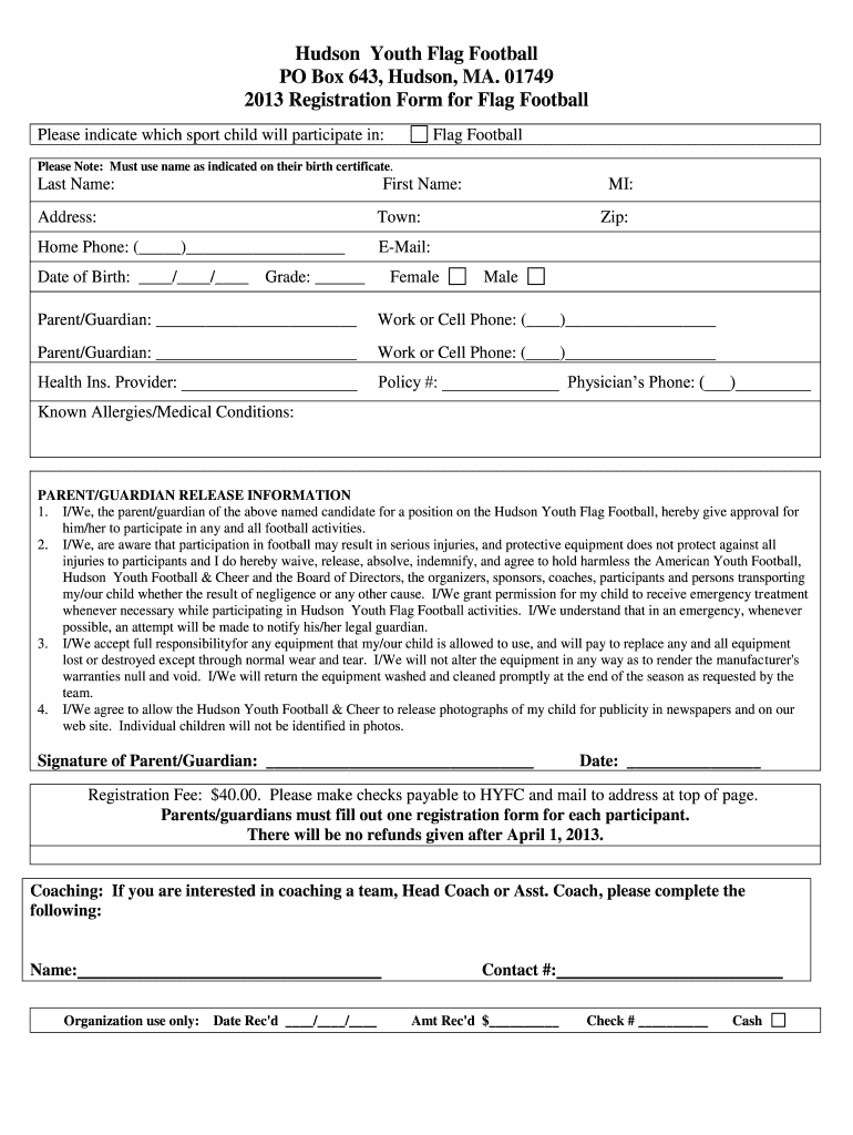 youth football registration form Preview on Page 1.